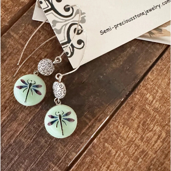 Hand Crafted Jewelry - Handcrafted Original Dragonfly Silver Earrings Semi Precious Boho NEW
